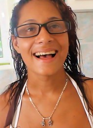 Large-breasted Latina with glasses fucked and jizzed on